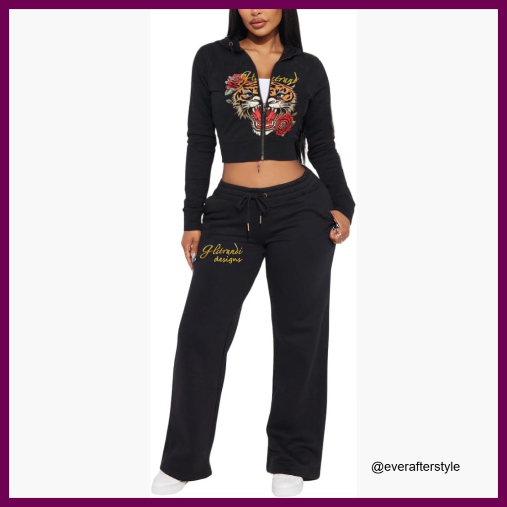 Polyester Cropped Hoodie And Sweatpants Set With Pockets